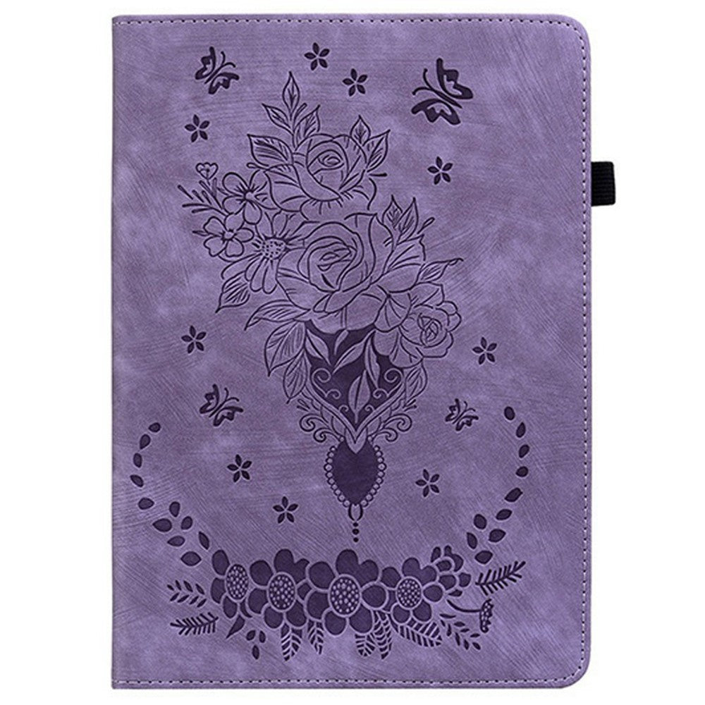 For Lenovo Tab K9 Case Card Holder Anti-Scratch Leather Cover Rose Flower Imprint - Purple