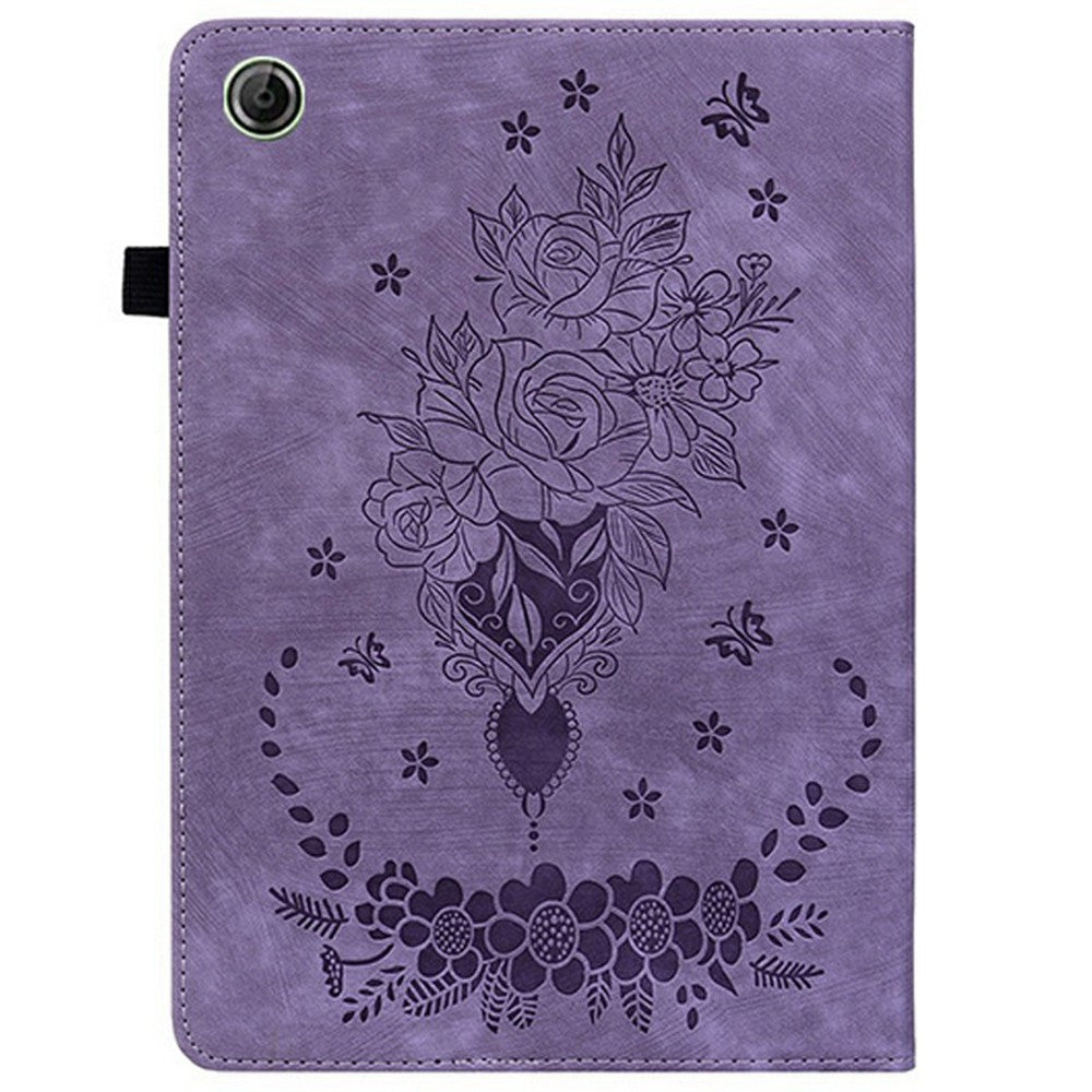 For Lenovo Tab K9 Case Card Holder Anti-Scratch Leather Cover Rose Flower Imprint - Purple