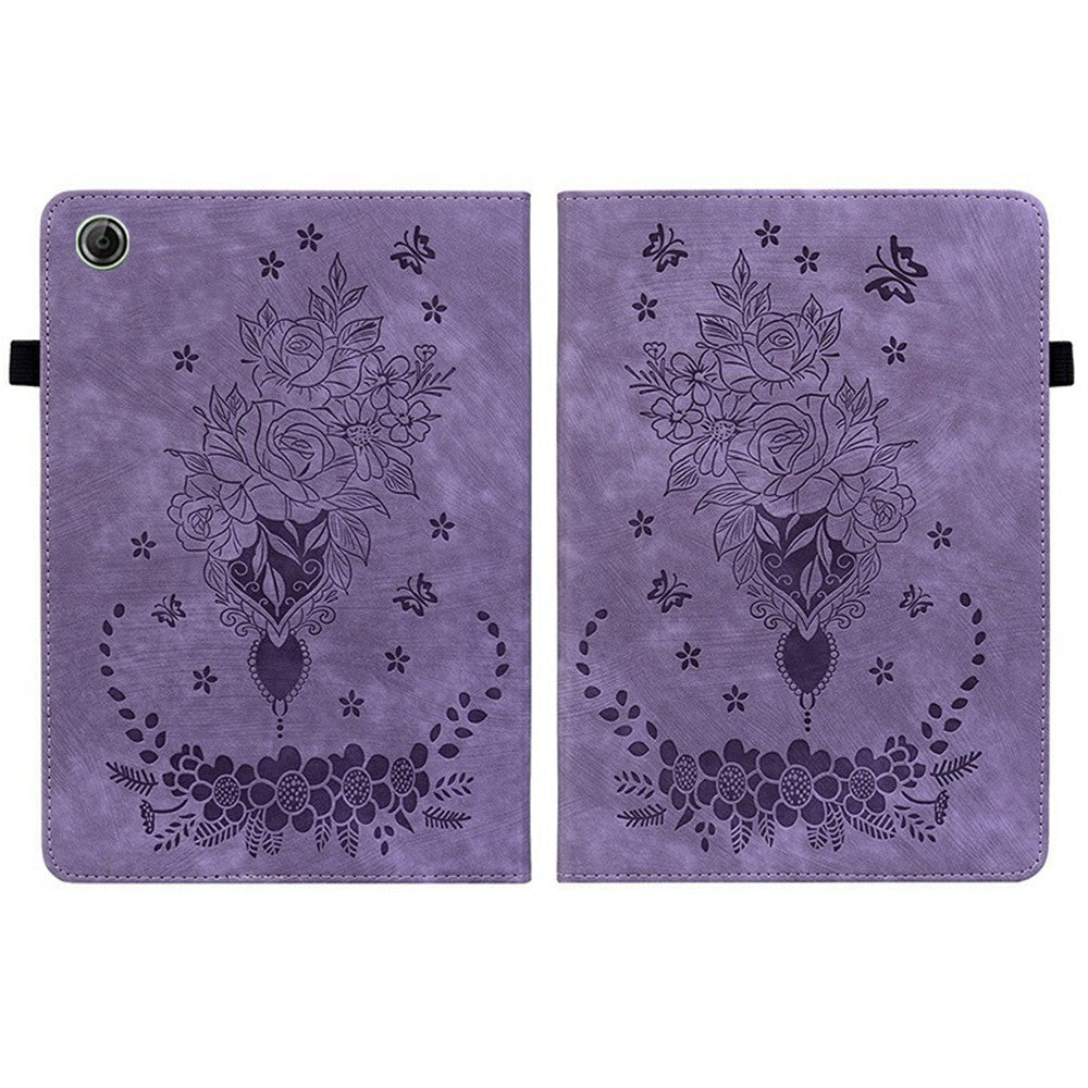 For Lenovo Tab K9 Case Card Holder Anti-Scratch Leather Cover Rose Flower Imprint - Purple