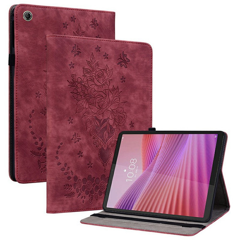 For Lenovo Tab K9 Case Card Holder Anti-Scratch Leather Cover Rose Flower Imprint - Red