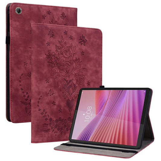 For Lenovo Tab K9 Case Card Holder Anti-Scratch Leather Cover Rose Flower Imprint - Red