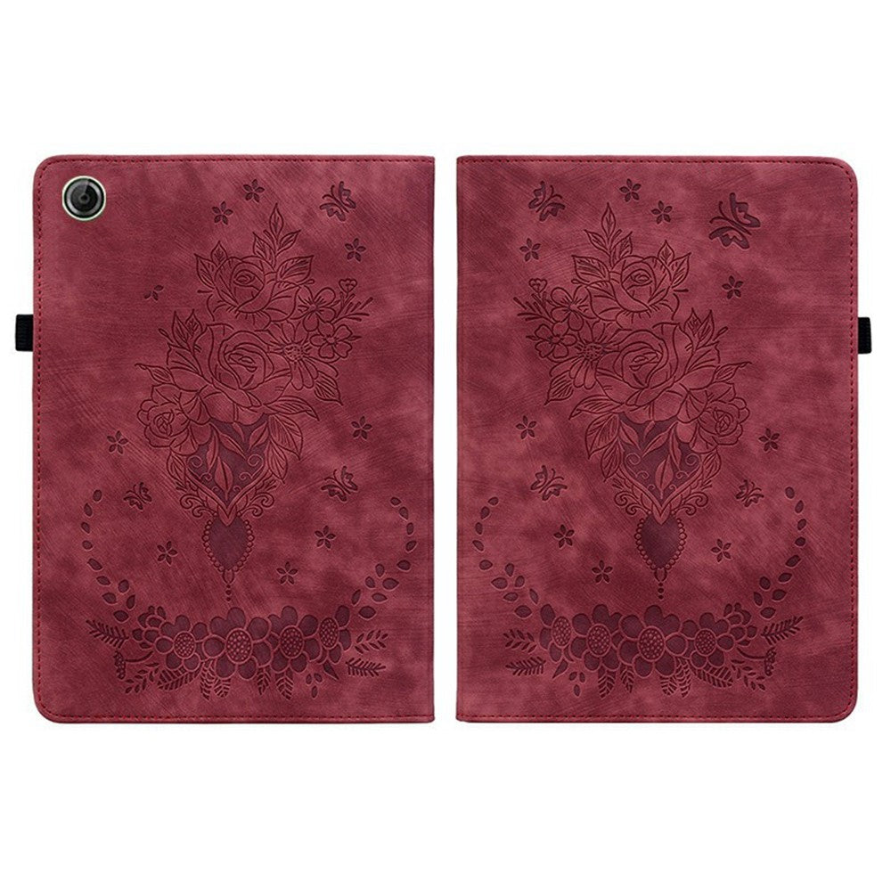For Lenovo Tab K9 Case Card Holder Anti-Scratch Leather Cover Rose Flower Imprint - Red