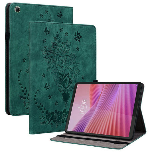 For Lenovo Tab K9 Case Card Holder Anti-Scratch Leather Cover Rose Flower Imprint - Green