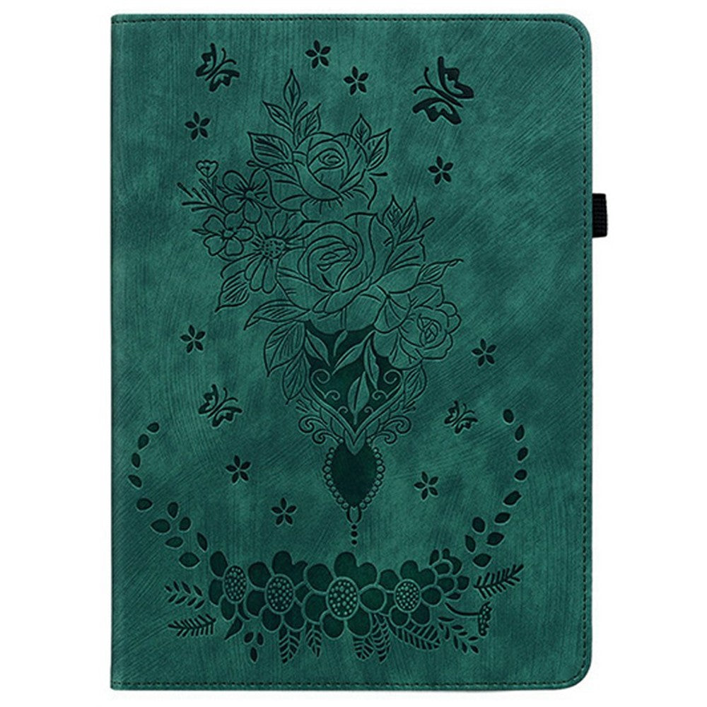 For Lenovo Tab K9 Case Card Holder Anti-Scratch Leather Cover Rose Flower Imprint - Green
