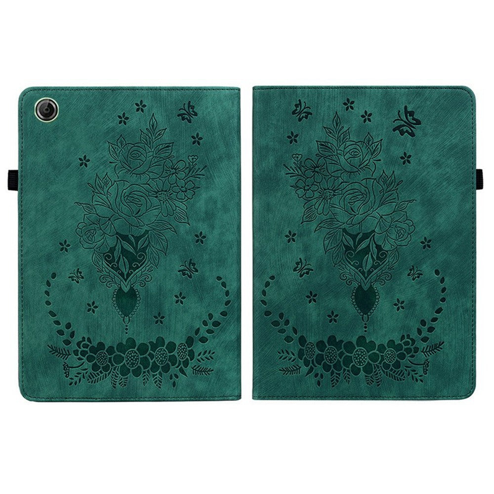 For Lenovo Tab K9 Case Card Holder Anti-Scratch Leather Cover Rose Flower Imprint - Green