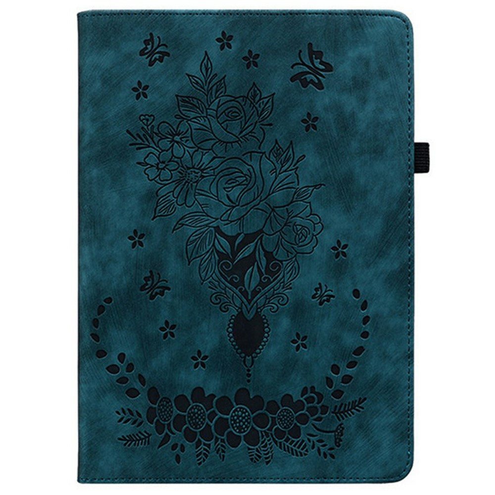 For Lenovo Tab K9 Case Card Holder Anti-Scratch Leather Cover Rose Flower Imprint - Blue