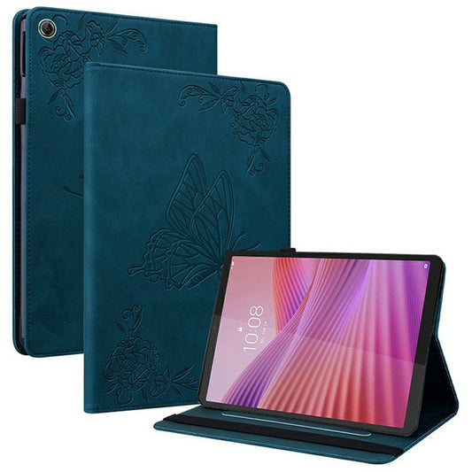 For Lenovo Tab K9 Case Butterfly Flower Imprint PU Leather Tablet Cover with Card Slots - Blue
