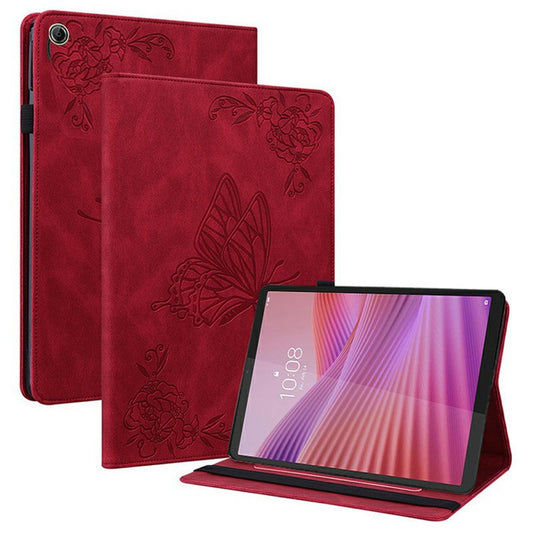 For Lenovo Tab K9 Case Butterfly Flower Imprint PU Leather Tablet Cover with Card Slots - Red