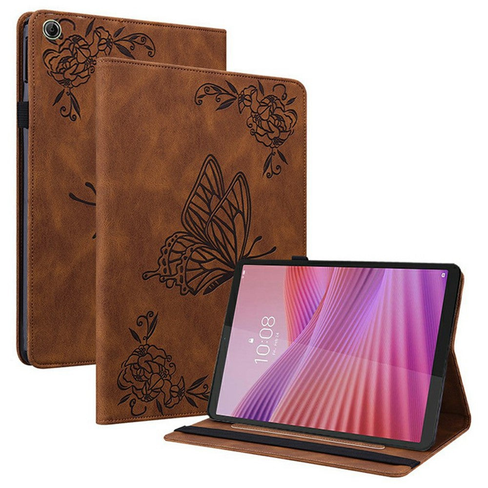For Lenovo Tab K9 Case Butterfly Flower Imprint PU Leather Tablet Cover with Card Slots - Brown