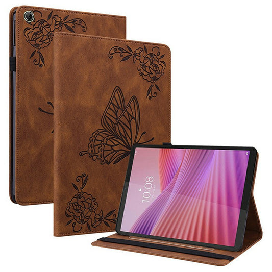 For Lenovo Tab K9 Case Butterfly Flower Imprint PU Leather Tablet Cover with Card Slots - Brown