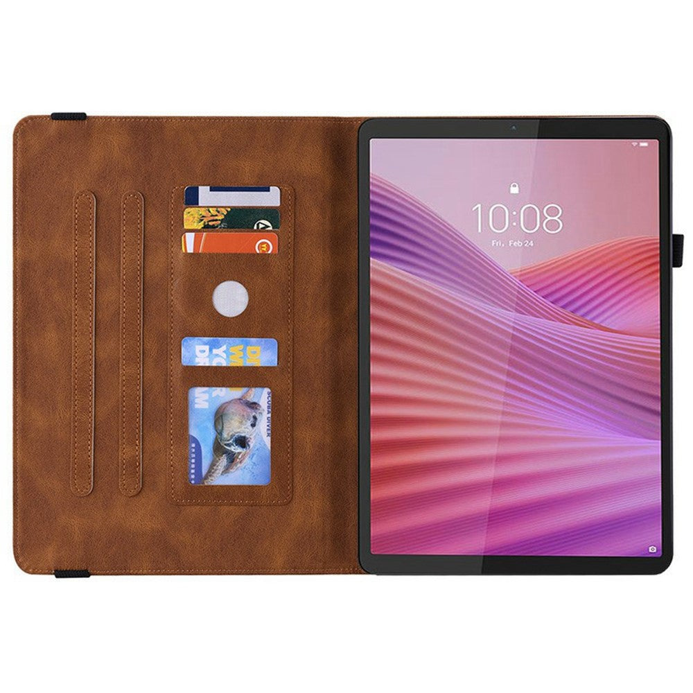 For Lenovo Tab K9 Case Butterfly Flower Imprint PU Leather Tablet Cover with Card Slots - Brown
