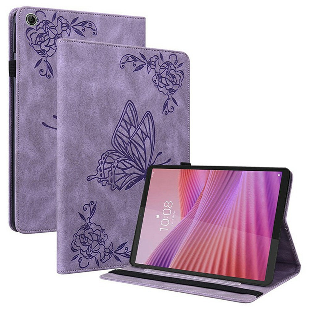 For Lenovo Tab K9 Case Butterfly Flower Imprint PU Leather Tablet Cover with Card Slots - Purple