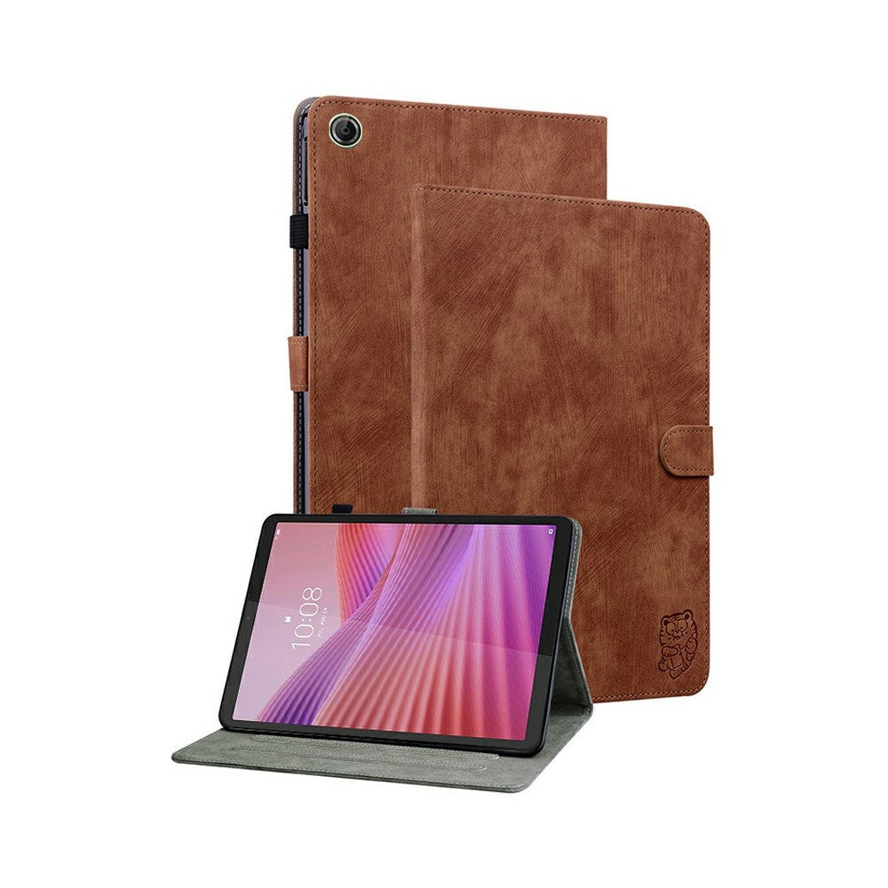 For Lenovo Tab K9 Case Tiger Imprint Anti-Scratch PU Leather Tablet Cover - Brown