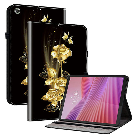 For Lenovo Tab K9 Leather Case Pattern Printed Stand Tablet Cover with Card Slots - Gold Butterfly Rose