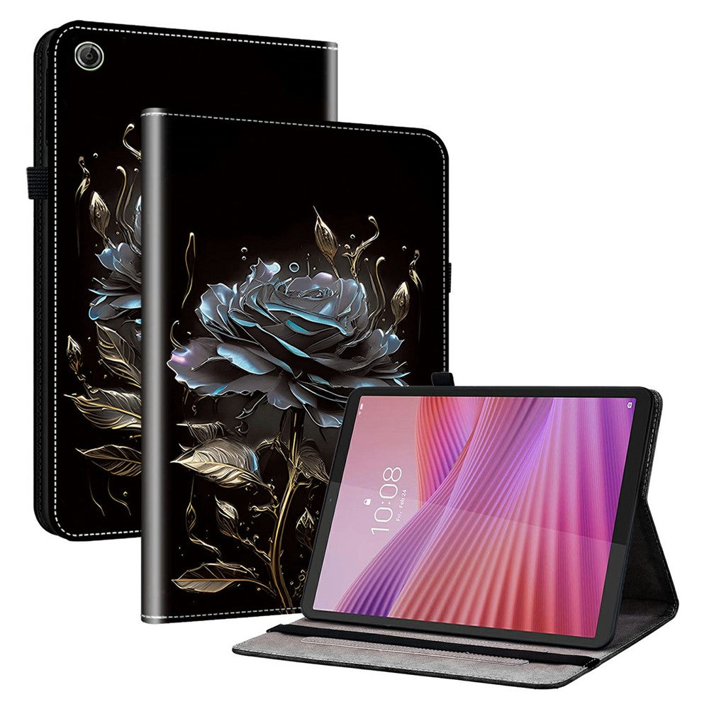 For Lenovo Tab K9 Leather Case Pattern Printed Stand Tablet Cover with Card Slots - Black Rose