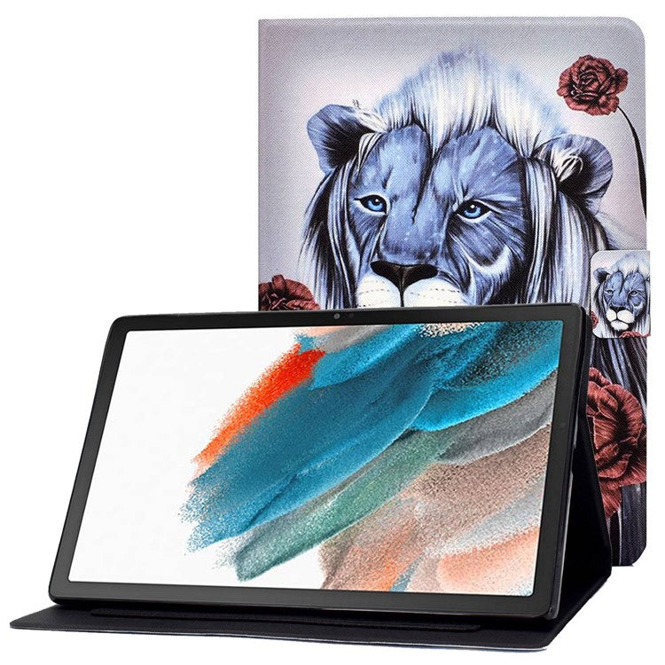 For Samsung Galaxy Tab A8 10.5 (2021) SM-X200 / X205 / Tab A8 10.5 (2022) Anti-drop Magnetic Pattern Printing Cover Folio Flip Auto Wake / Sleep PU Leather Stand Case with Card Slots - Rose / Lion