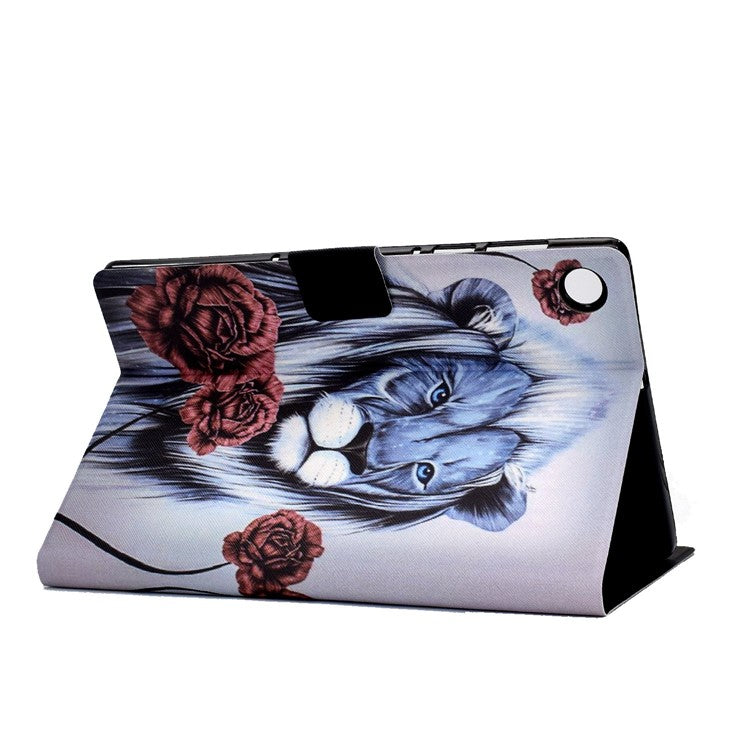 For Samsung Galaxy Tab A8 10.5 (2021) SM-X200 / X205 / Tab A8 10.5 (2022) Anti-drop Magnetic Pattern Printing Cover Folio Flip Auto Wake / Sleep PU Leather Stand Case with Card Slots - Rose / Lion