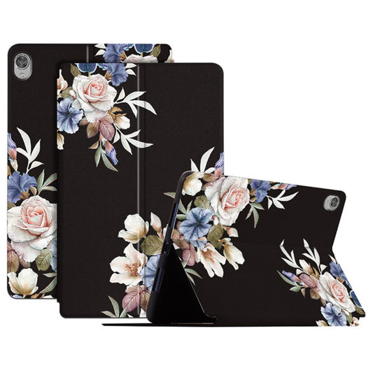 For Lenovo Tab M10 TB-X605F / X505 10.1-inch Well-protected Flower Pattern Printed Tablet Case Leather + TPU Anti-drop Folio Flip Cover with Stand - Black Flower Bush