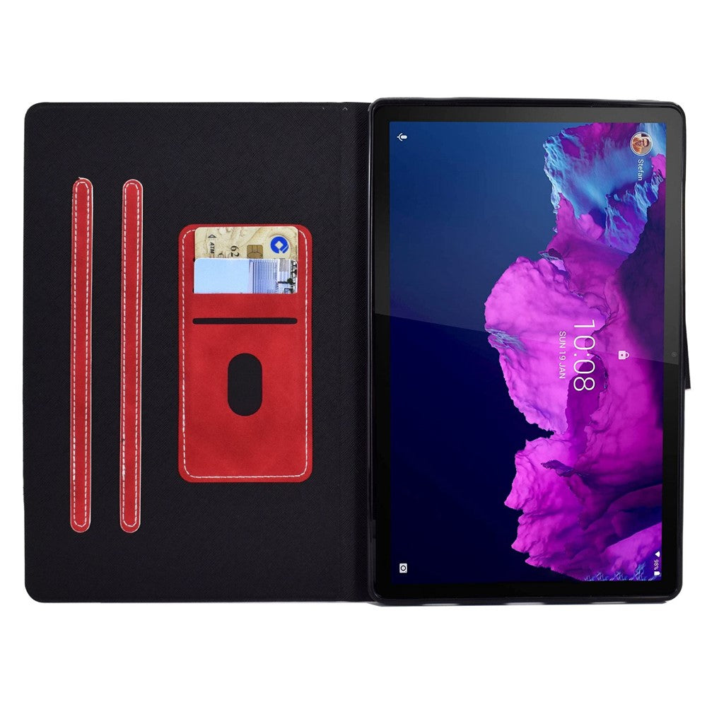 For Lenovo Tab P11 TB-J606F / Tab P11 5G  Card Holder Design Folio Flip Calf Textured Leather Tablet Case Magnetic Shockproof Cover with Stand - Red