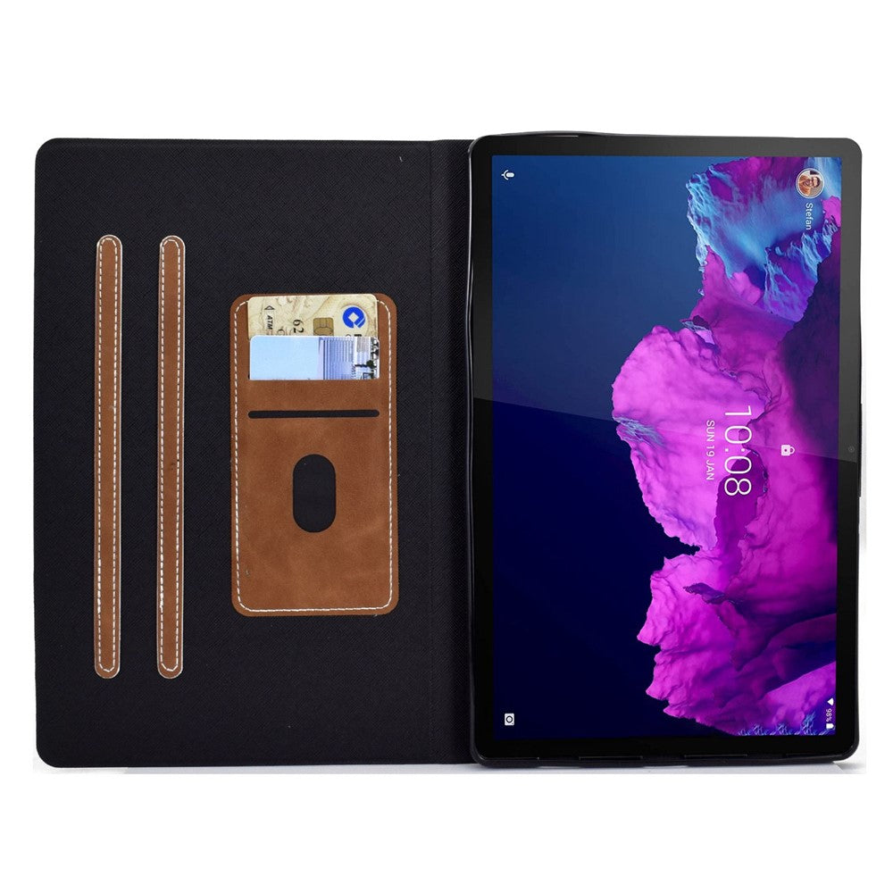 For Lenovo Tab P11 TB-J606F / Tab P11 5G  Card Holder Design Folio Flip Calf Textured Leather Tablet Case Magnetic Shockproof Cover with Stand - Brown