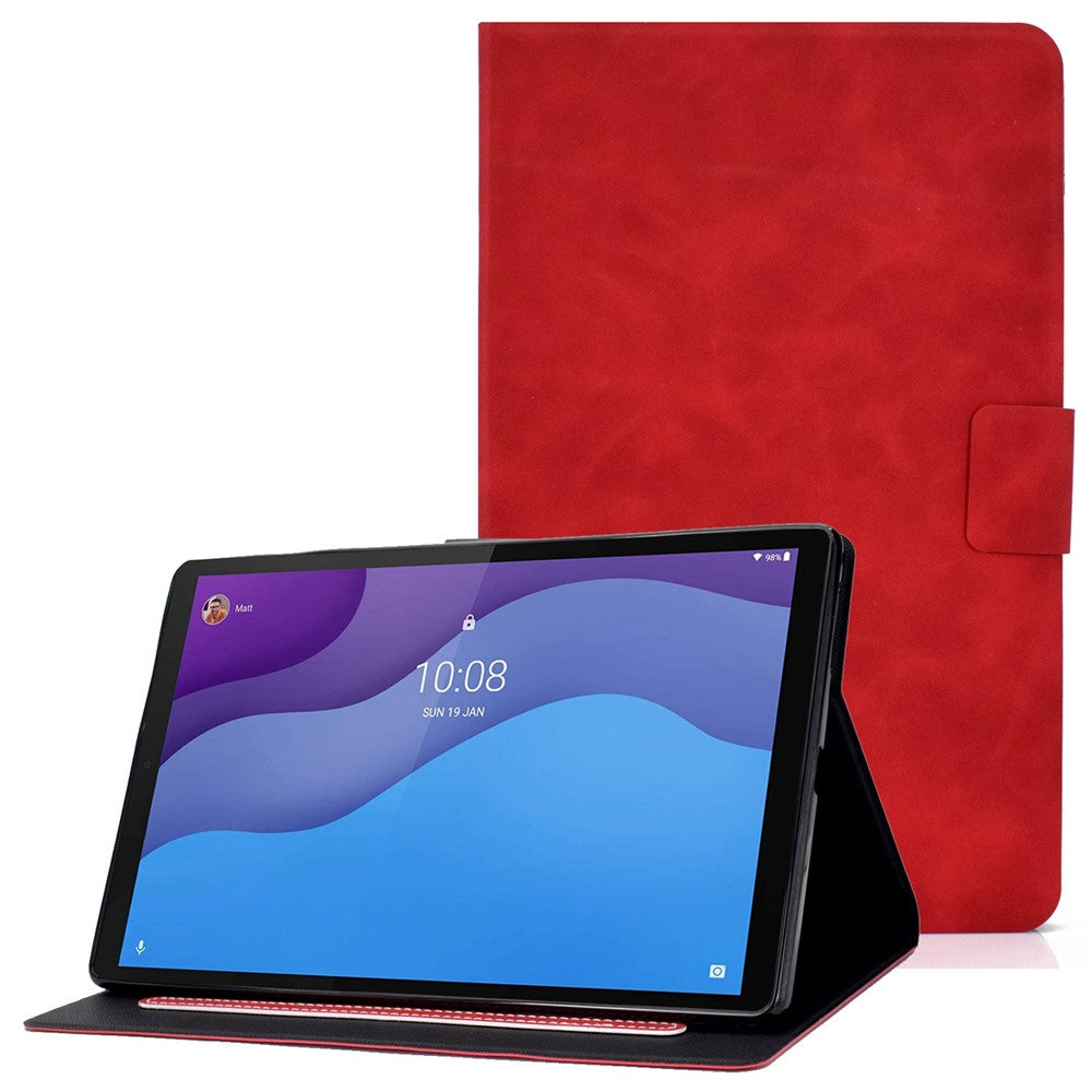 For Lenovo Tab M10 HD Gen 2 X306X Folio Flip Anti-scratch Calf Textured Leather Tablet Case Card Holder Stand Feature Magnetic Protector - Red