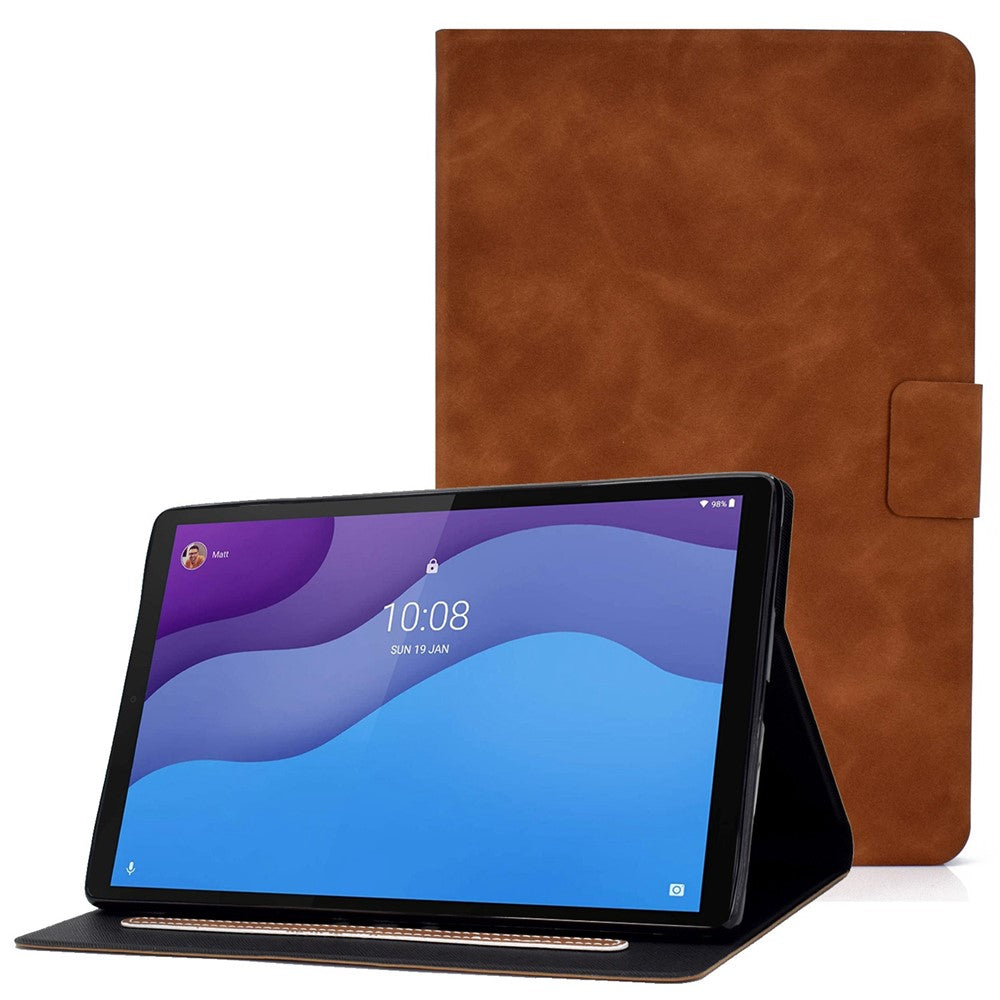 For Lenovo Tab M10 HD Gen 2 X306X Folio Flip Anti-scratch Calf Textured Leather Tablet Case Card Holder Stand Feature Magnetic Protector - Brown