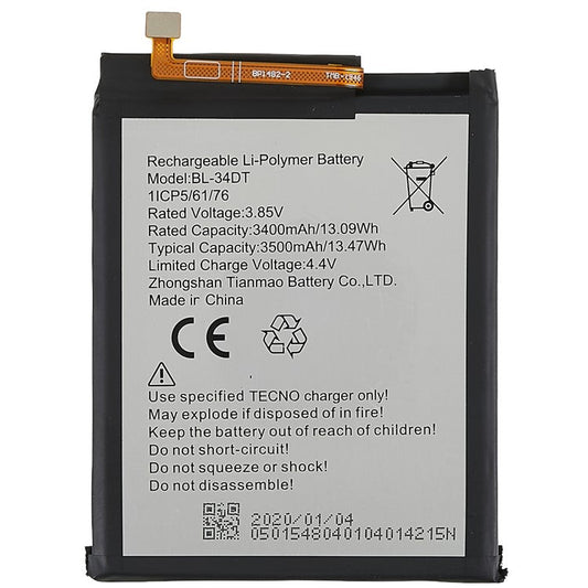 For Tecno Phantom 9 / Camon 12 Pro 3.85V 3400mAh Li-Polymer Battery Replacement Part (Encode: BL-34DT) (without Logo)