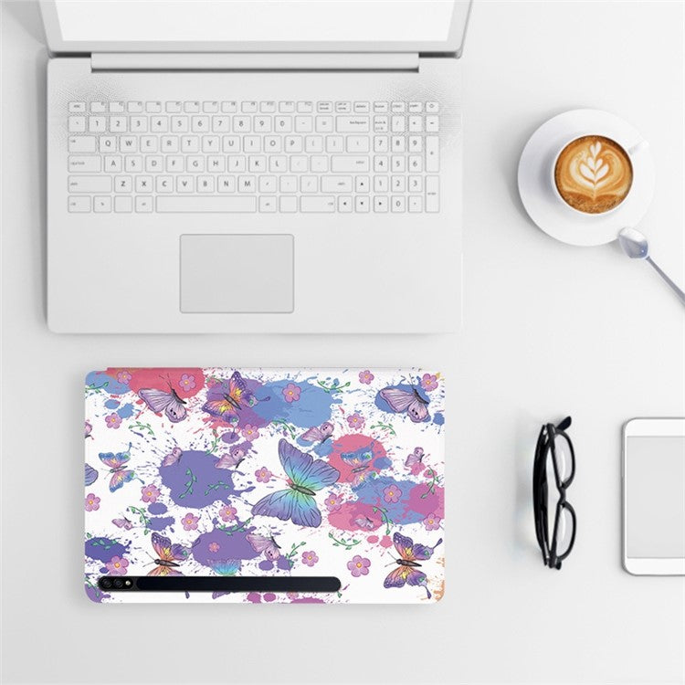 For Samsung Galaxy Tab S7 / Tab S8 Anti-drop Folio Flip Cover Butterfly Printed PU Leather Tablet Case Auto Wake / Sleep Stand Case - Flower Bush Butterfly