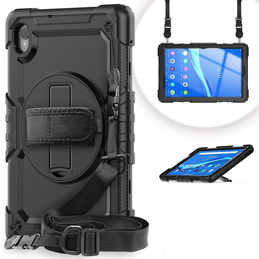 For Lenovo M10 Plus / Smart Tab M10 FHD Plus Silicone+PC Tablet Case Hand Strap Kickstand Shockproof Cover with Shoulder Strap - Black