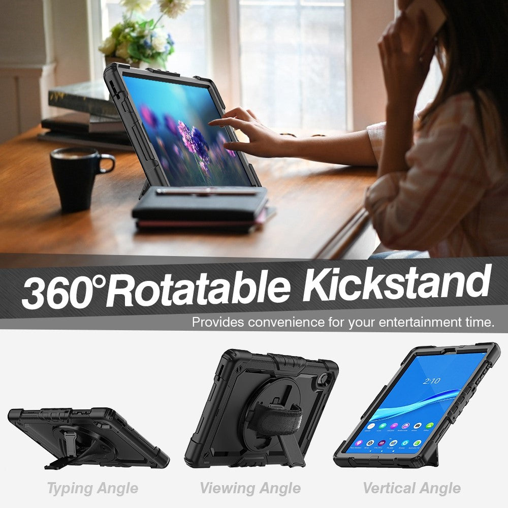 For Lenovo M10 Plus / Smart Tab M10 FHD Plus Silicone+PC Tablet Case Hand Strap Kickstand Shockproof Cover with Shoulder Strap - Black