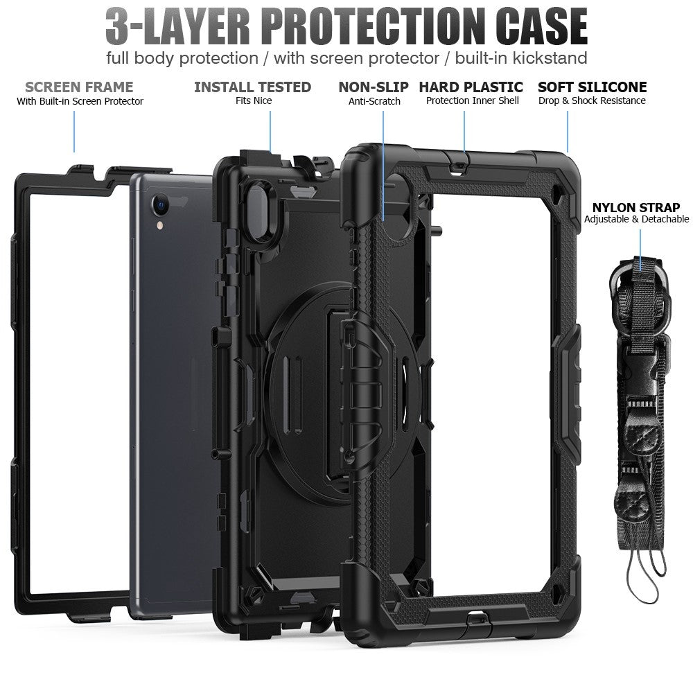 For Lenovo M10 Plus / Smart Tab M10 FHD Plus Silicone+PC Tablet Case Hand Strap Kickstand Shockproof Cover with Shoulder Strap - Black