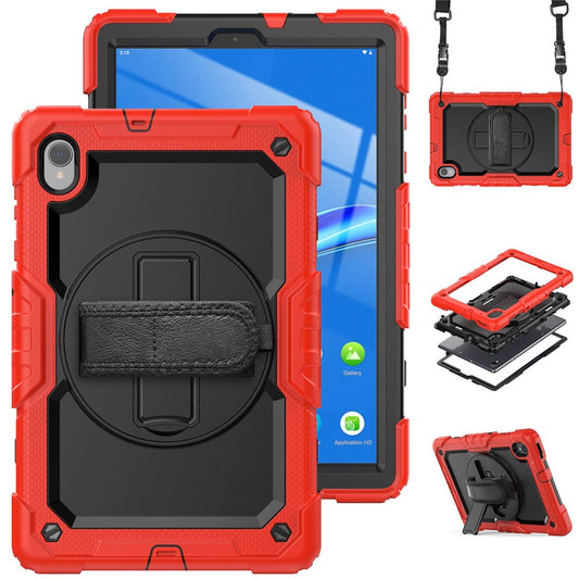 For Lenovo M10 Plus / Smart Tab M10 FHD Plus Silicone+PC Tablet Case Hand Strap Kickstand Shockproof Cover with Shoulder Strap - Red
