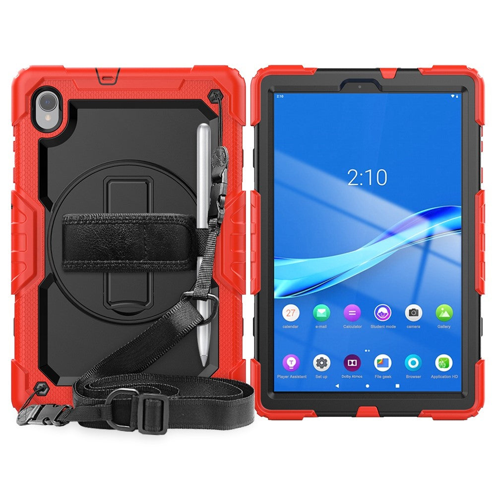 For Lenovo M10 Plus / Smart Tab M10 FHD Plus Silicone+PC Tablet Case Hand Strap Kickstand Shockproof Cover with Shoulder Strap - Red