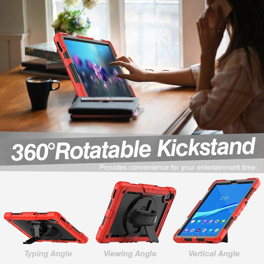 For Lenovo M10 Plus / Smart Tab M10 FHD Plus Silicone+PC Tablet Case Hand Strap Kickstand Shockproof Cover with Shoulder Strap - Red