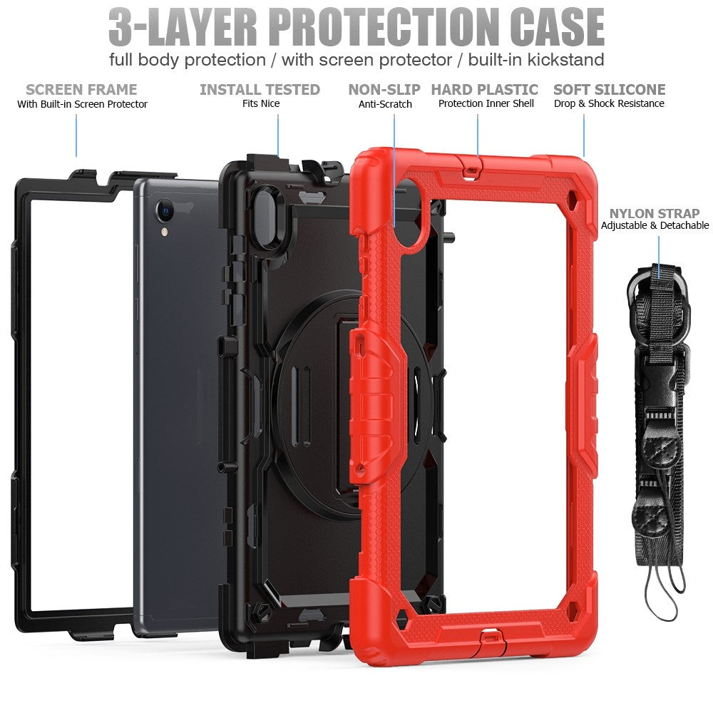 For Lenovo M10 Plus / Smart Tab M10 FHD Plus Silicone+PC Tablet Case Hand Strap Kickstand Shockproof Cover with Shoulder Strap - Red