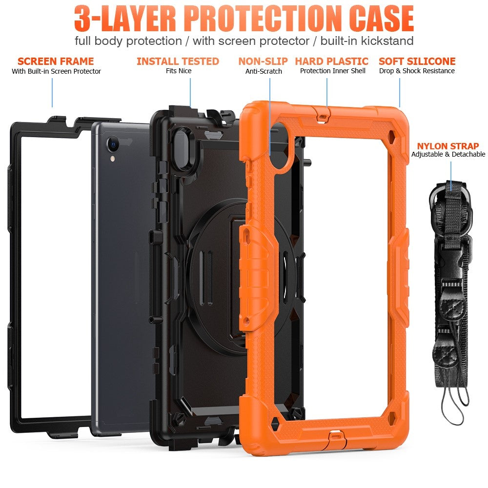 For Lenovo M10 Plus / Smart Tab M10 FHD Plus Silicone+PC Tablet Case Hand Strap Kickstand Shockproof Cover with Shoulder Strap - Orange