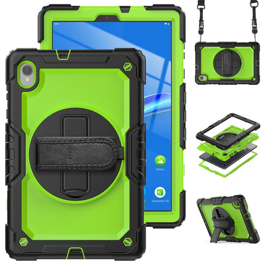 For Lenovo M10 Plus / Smart Tab M10 FHD Plus Silicone+PC Tablet Case Hand Strap Kickstand Shockproof Cover with Shoulder Strap - Yellowgreen PC / Black