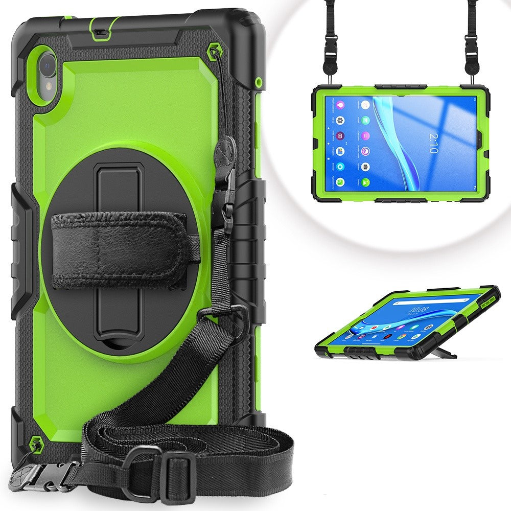 For Lenovo M10 Plus / Smart Tab M10 FHD Plus Silicone+PC Tablet Case Hand Strap Kickstand Shockproof Cover with Shoulder Strap - Yellowgreen PC / Black