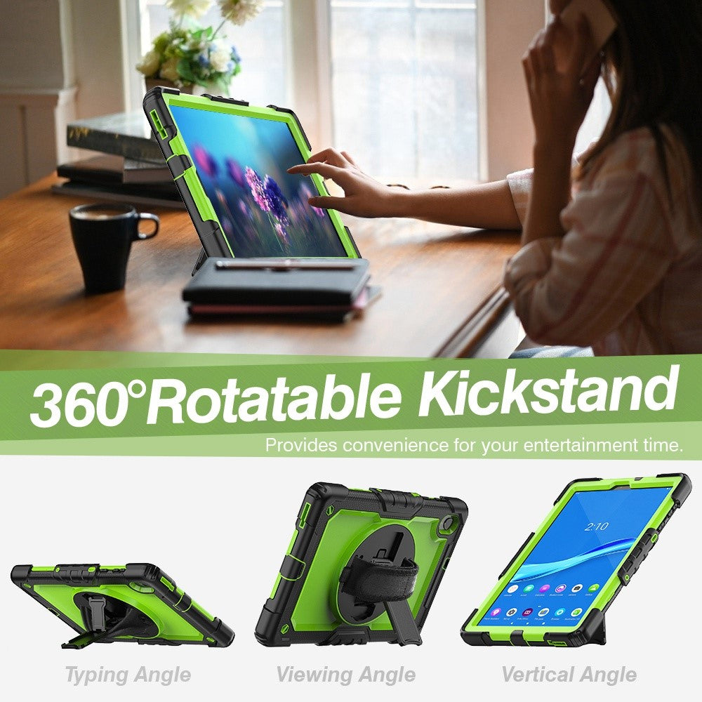 For Lenovo M10 Plus / Smart Tab M10 FHD Plus Silicone+PC Tablet Case Hand Strap Kickstand Shockproof Cover with Shoulder Strap - Yellowgreen PC / Black