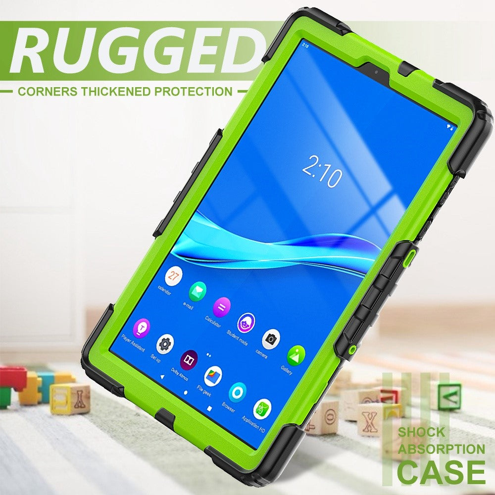 For Lenovo M10 Plus / Smart Tab M10 FHD Plus Silicone+PC Tablet Case Hand Strap Kickstand Shockproof Cover with Shoulder Strap - Yellowgreen PC / Black