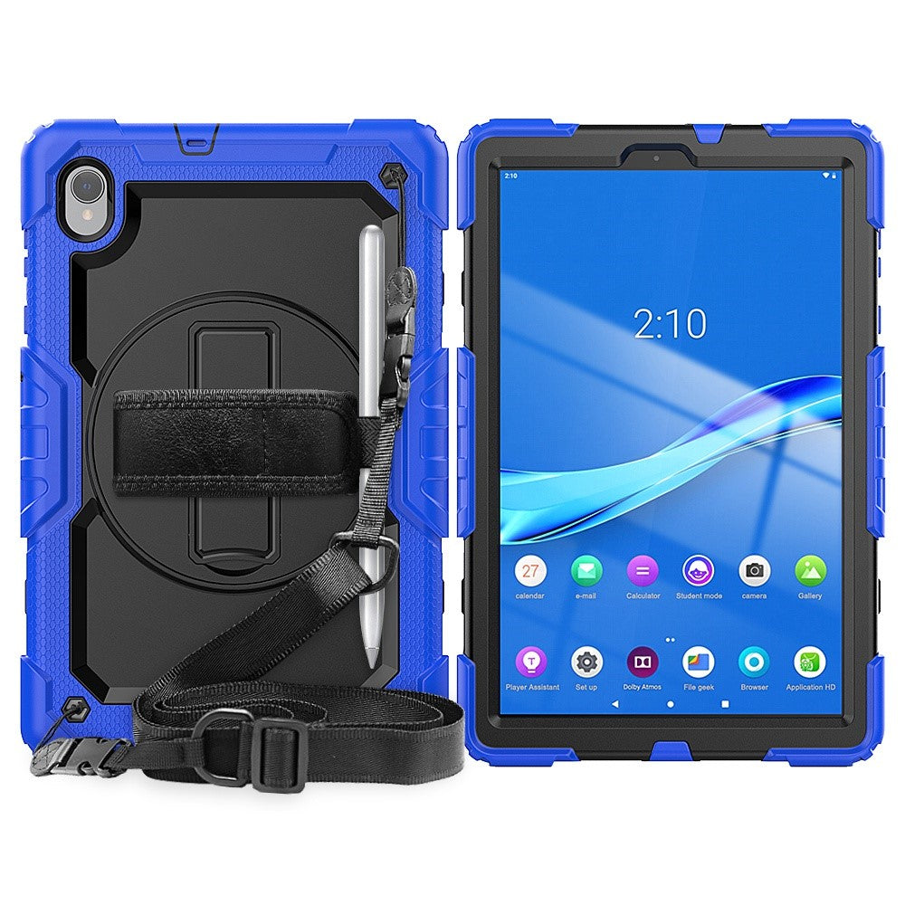 For Lenovo M10 Plus / Smart Tab M10 FHD Plus Silicone+PC Tablet Case Hand Strap Kickstand Shockproof Cover with Shoulder Strap - Blue