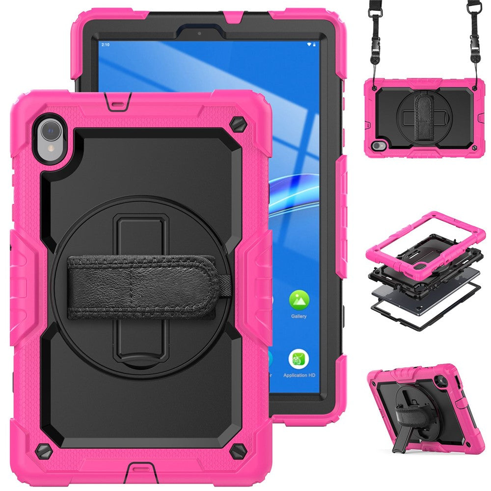 For Lenovo M10 Plus / Smart Tab M10 FHD Plus Silicone+PC Tablet Case Hand Strap Kickstand Shockproof Cover with Shoulder Strap - Rose