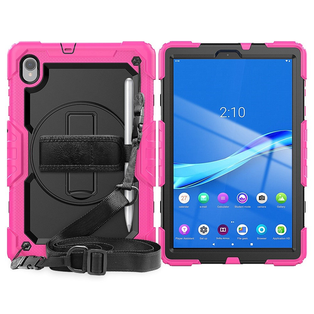 For Lenovo M10 Plus / Smart Tab M10 FHD Plus Silicone+PC Tablet Case Hand Strap Kickstand Shockproof Cover with Shoulder Strap - Rose
