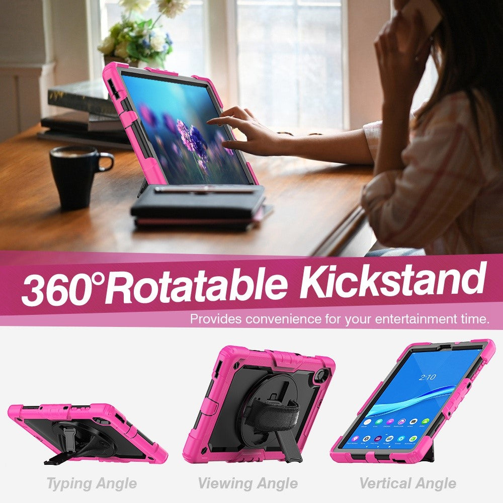 For Lenovo M10 Plus / Smart Tab M10 FHD Plus Silicone+PC Tablet Case Hand Strap Kickstand Shockproof Cover with Shoulder Strap - Rose