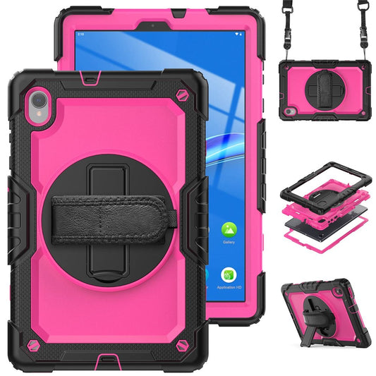 For Lenovo M10 Plus / Smart Tab M10 FHD Plus Silicone+PC Tablet Case Hand Strap Kickstand Shockproof Cover with Shoulder Strap - Rose PC / Black
