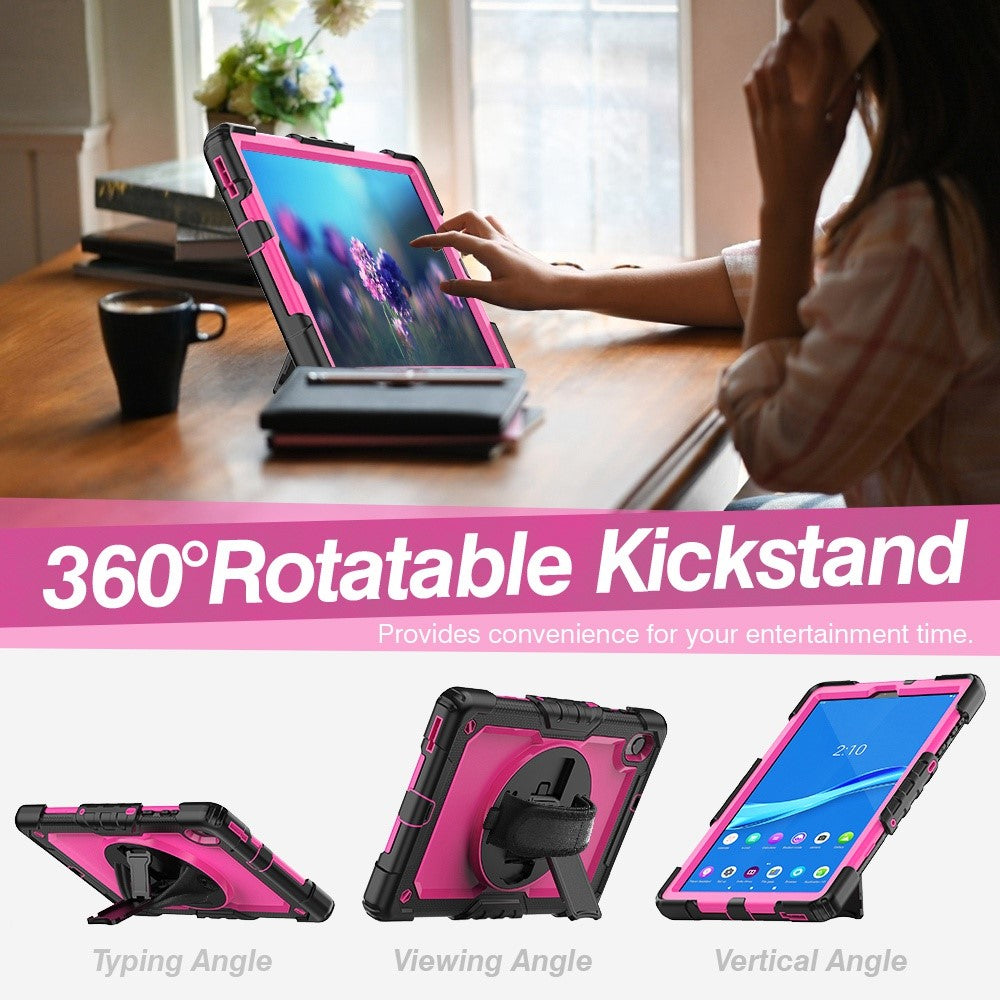 For Lenovo M10 Plus / Smart Tab M10 FHD Plus Silicone+PC Tablet Case Hand Strap Kickstand Shockproof Cover with Shoulder Strap - Rose PC / Black