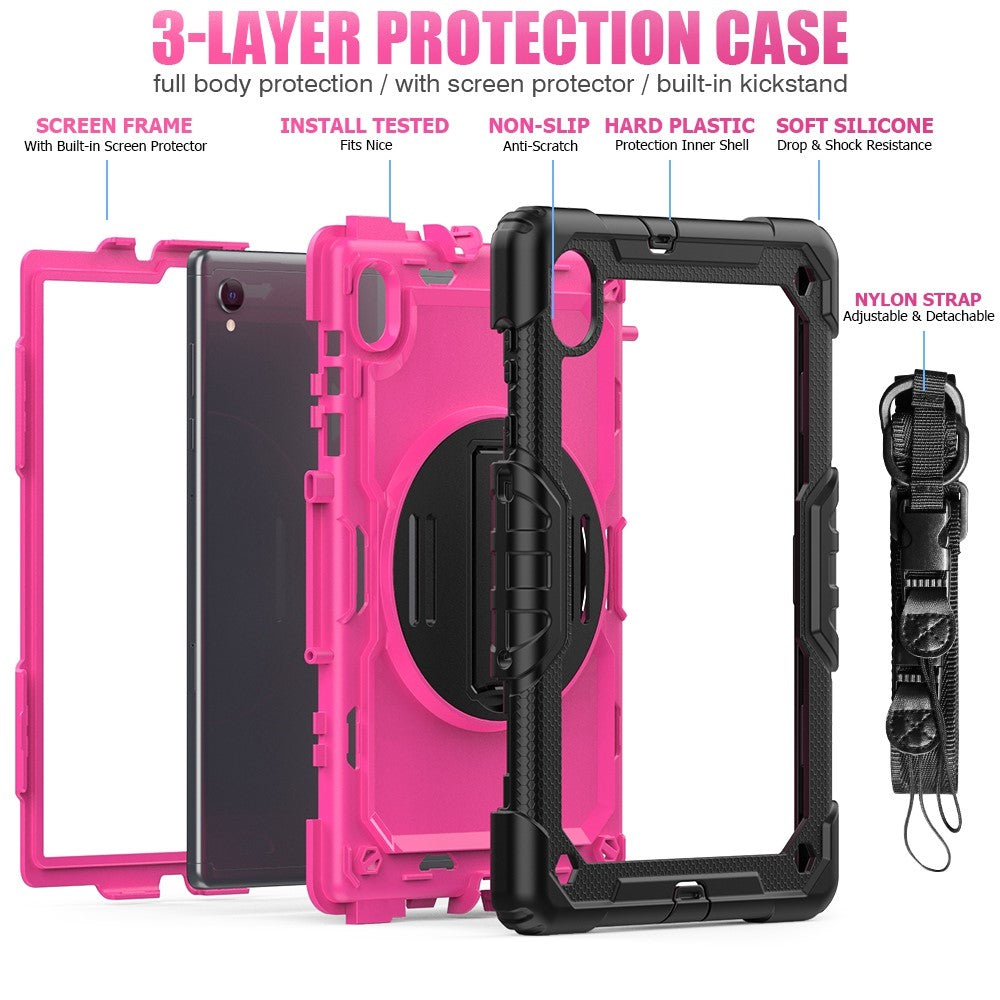 For Lenovo M10 Plus / Smart Tab M10 FHD Plus Silicone+PC Tablet Case Hand Strap Kickstand Shockproof Cover with Shoulder Strap - Rose PC / Black