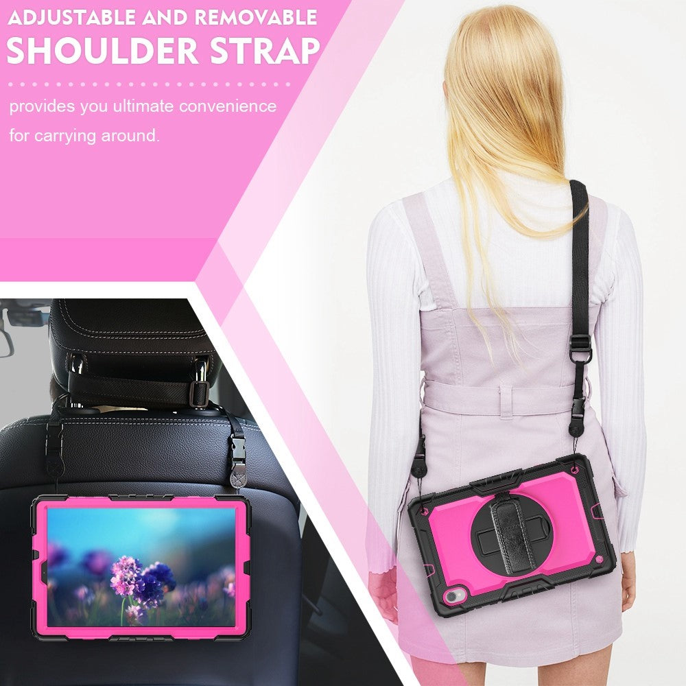 For Lenovo M10 Plus / Smart Tab M10 FHD Plus Silicone+PC Tablet Case Hand Strap Kickstand Shockproof Cover with Shoulder Strap - Rose PC / Black