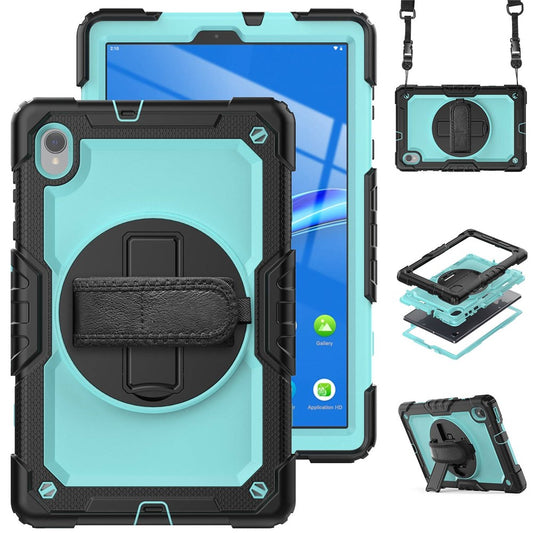 For Lenovo M10 Plus / Smart Tab M10 FHD Plus Silicone+PC Tablet Case Hand Strap Kickstand Shockproof Cover with Shoulder Strap - Cyan PC / Black