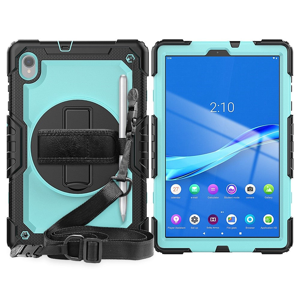For Lenovo M10 Plus / Smart Tab M10 FHD Plus Silicone+PC Tablet Case Hand Strap Kickstand Shockproof Cover with Shoulder Strap - Cyan PC / Black